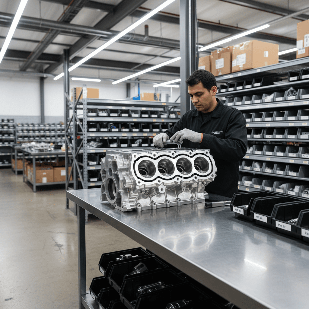 Technician inspecting precision-machined engine component on organized warehouse workbench